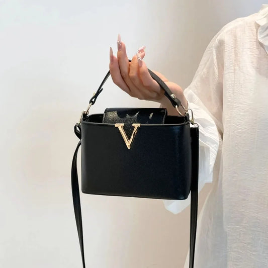 Luxury V-Shaped Women's Tote Bag | Chic PU Leather Bucket Handbag | Stylish Sequined Shoulder & Crossbody Bag | Fashionable Top Cover Purse with Interior Compartments Luxegan