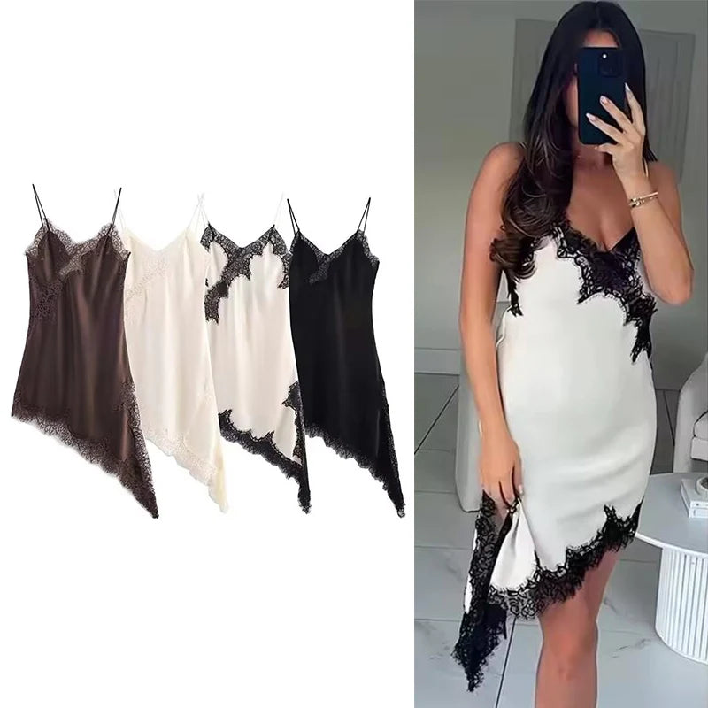 Elegant Lace Halter Maxi Dress | Sexy V-Neck Asymmetric Hem Holiday Gown | Summer New Patchwork Party Beach Dress | Premium Non-Woven Regular Fit A-Line Luxegan