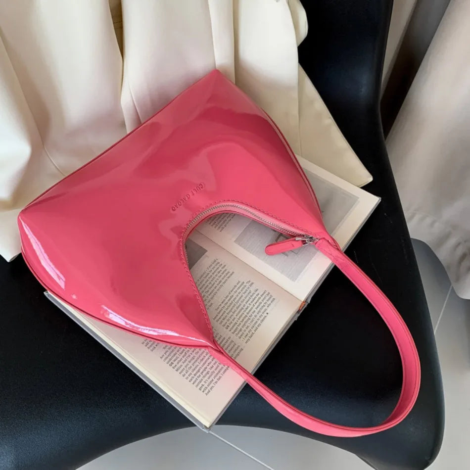 Designer Patent Leather Crescent Bag | Soft Solid Color Shoulder Tote Luxegan