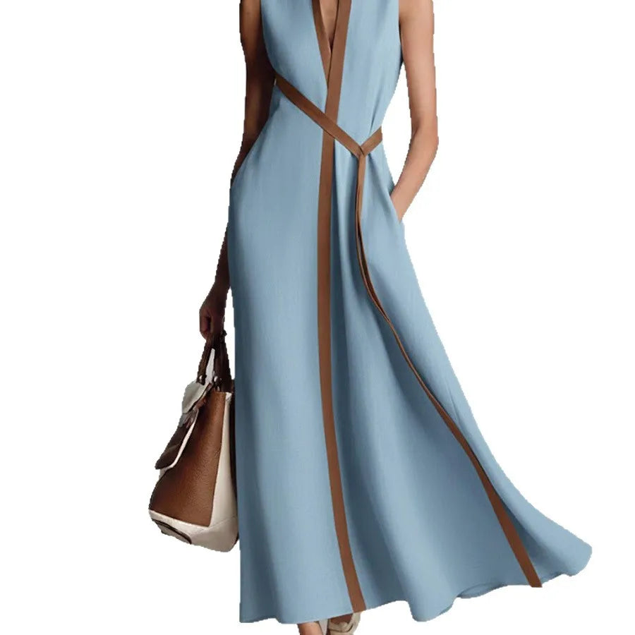 V-Neck Lace-Up Sleeveless Loose Midi Dress | Solid Casual Fashionable Spring Summer Long Dress