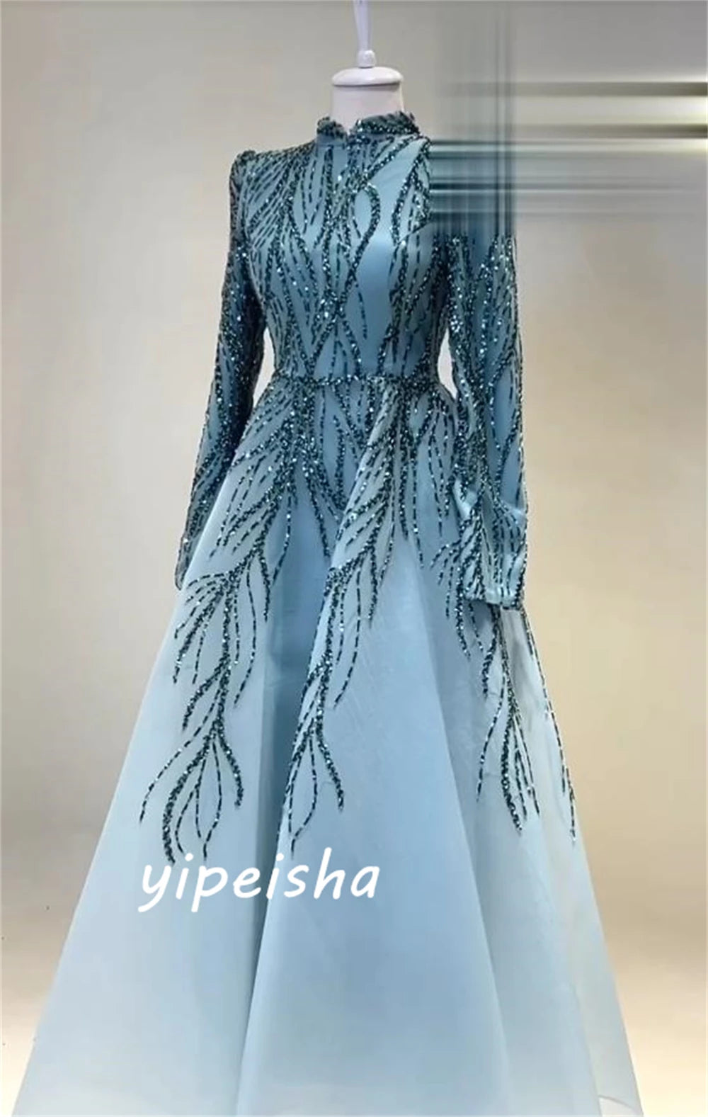 Women's Sparkle High-Collar Ball Gown | Intricate Celebrity Beading Evening Dress | Exquisite Sequined Organza Prom Gown | Premium Tatting Floor-Length A-Line Robe with Built-in Bra Model 3100xjj Luxegan