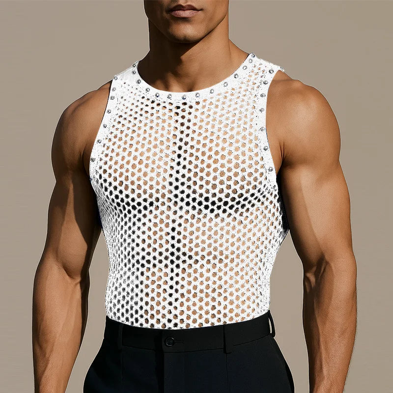 Men’s Solid Color Hollow-Out Mesh Tank Top | Sophisticated "See-Through" Streetwear Silhouette | Elegant Summer Sexy Fashion Vest | "Dignified" High-Performance Men's Clothing for Radiant Versatile Styling Luxegan