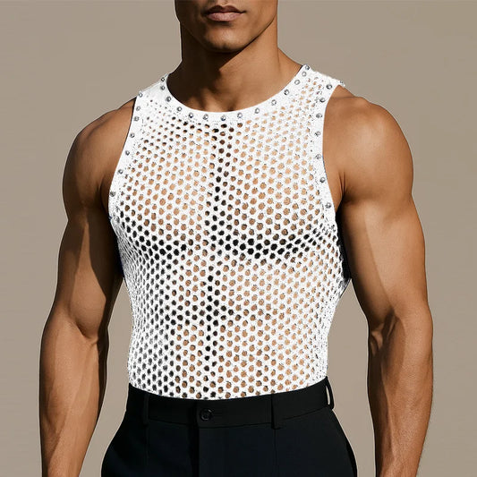 Men’s Solid Color Hollow-Out Mesh Tank Top | Sophisticated "See-Through" Streetwear Silhouette | Elegant Summer Sexy Fashion Vest | "Dignified" High-Performance Men's Clothing for Radiant Versatile Styling Luxegan