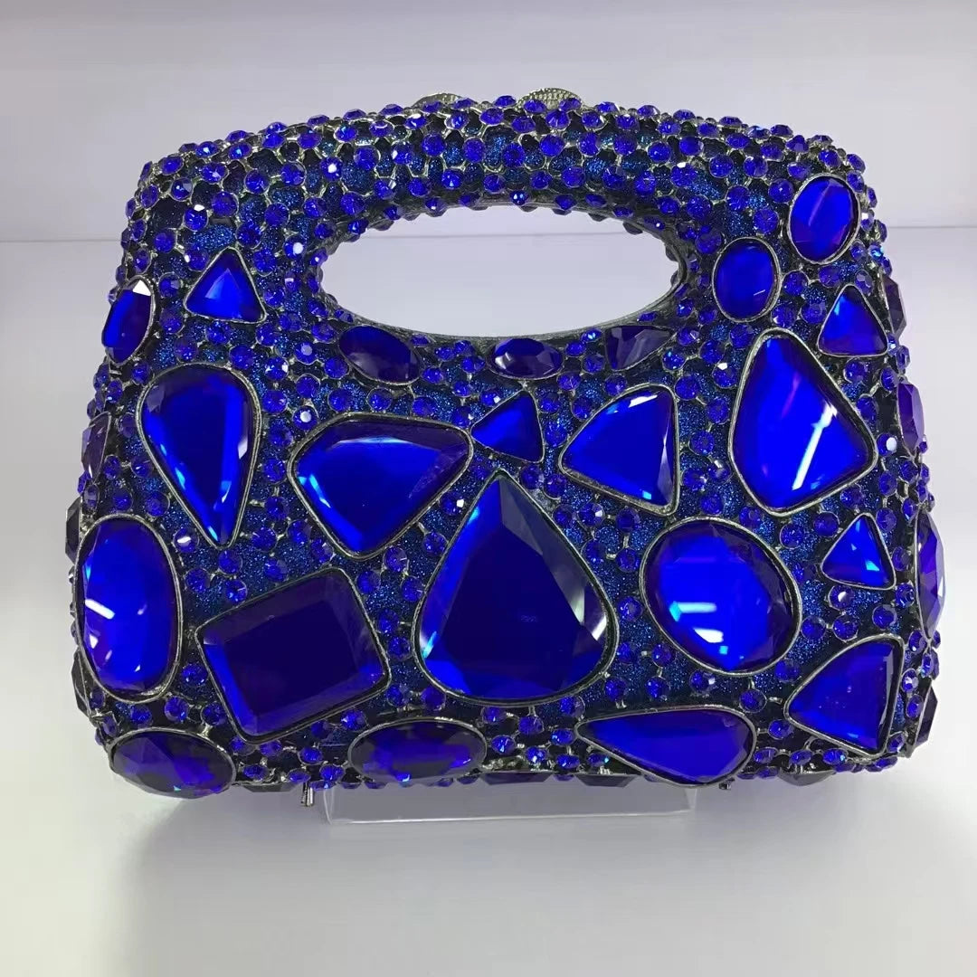 Luxury Silver & Blue Crystal Clutch Purse | Rhinestone Encrusted Evening Minaudière | Bridal Diamond Handbag for Weddings | Elegant Metallic Wedding Dinner Purse (Model 01) Luxegan