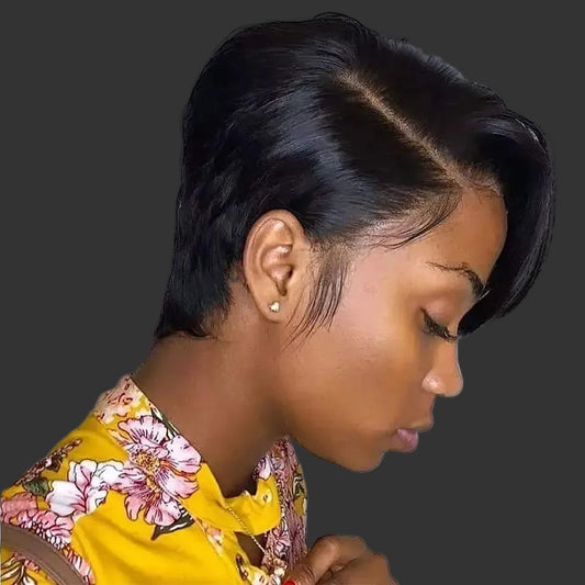 Sleek Straight Short Pixie-Cut Bob Wig | 13x4x1 T-Part Transparent Swiss Lace Frontal Wig | 100% Brazilian Remy Human Hair Pre-Plucked Glueless Bob for Women (Natural Black) Luxegan