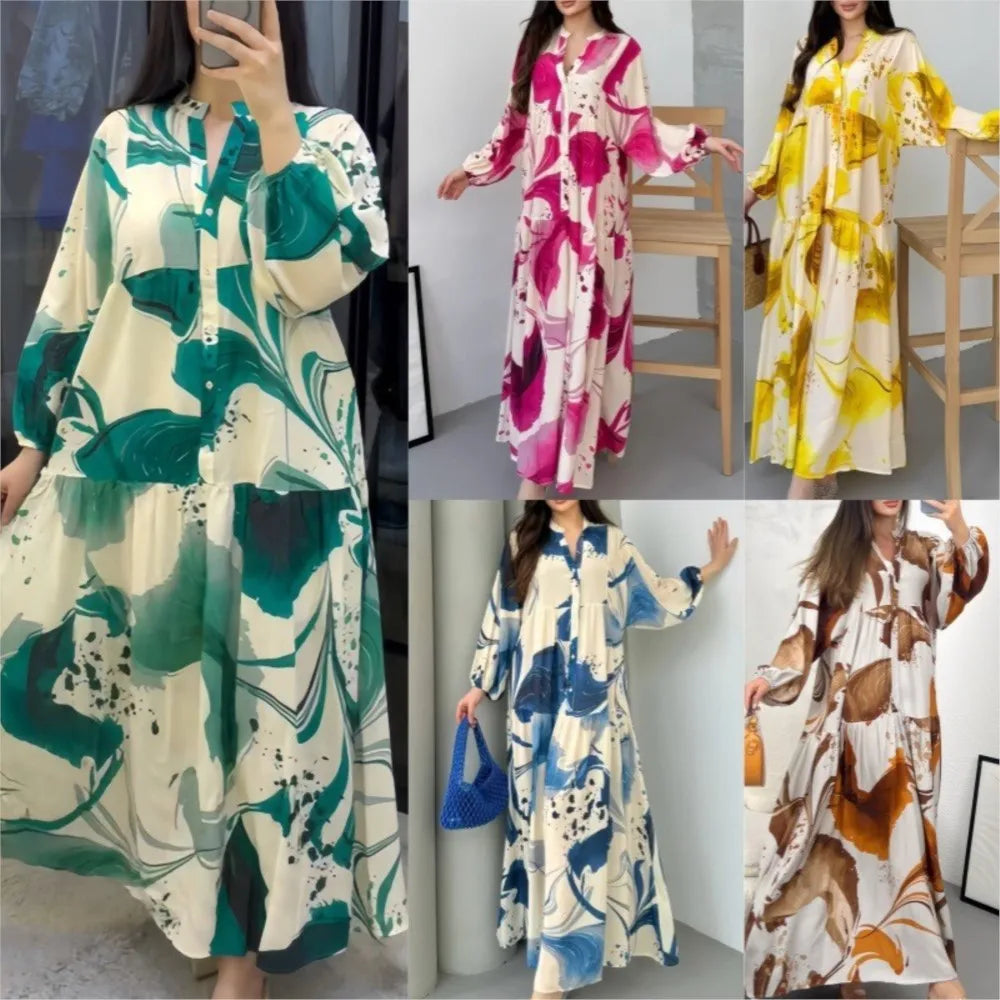 Women's Printed Loose Long Shirt Dress | Elegant Spliced Spring Autumn Long-Sleeved Gown | New Fashion Single-Breasted Office Lady Robe | Premium Tatting Slight Stretch A-Line Ankle-Length Dress Model SA-0725 Luxegan