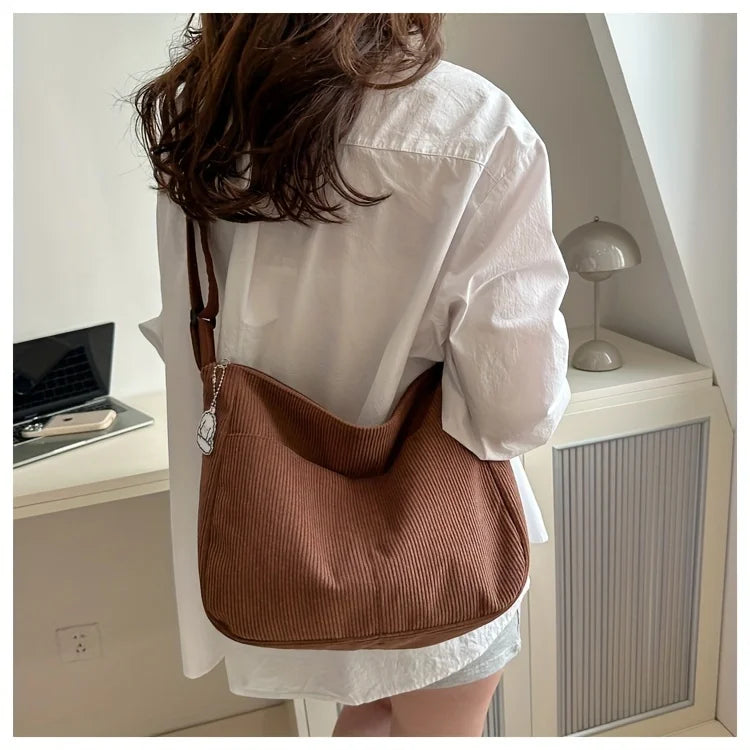 Women's Corduroy Shoulder Bag | Casual Striped Large Capacity Tote with Zipper (Cute Hat Patch, Everyday Use) Luxegan