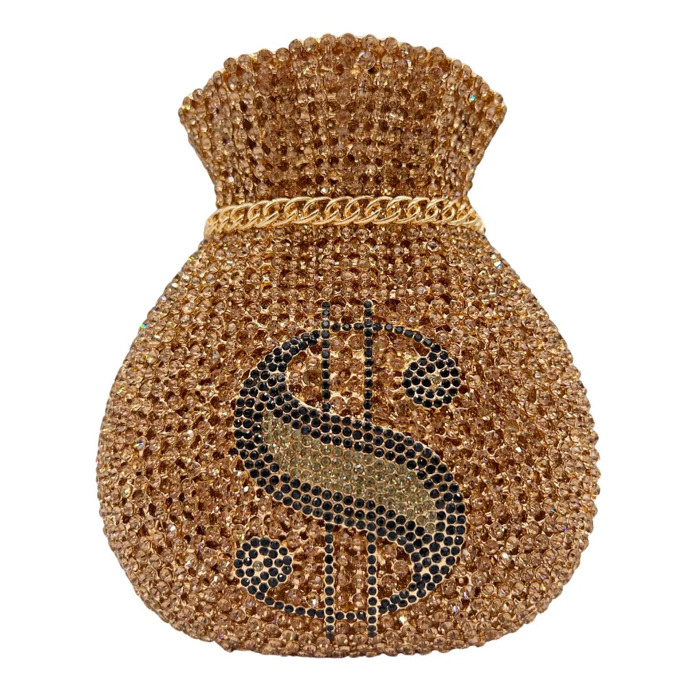 Lucky Coin Drawstring Evening Clutch | Sophisticated Diamond & Sequined Money Bag | Elegant Hollow-Out Gala Purse | "Dignified" Structured Metallic Handbag for High-Fashion Parties Luxegan