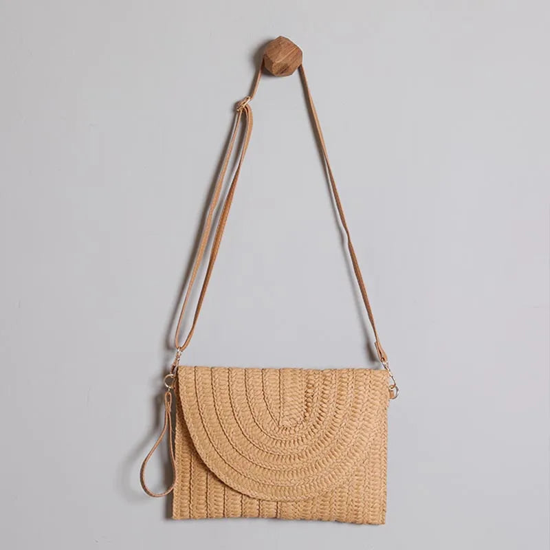 Bolsos de playa de verano para mujer Bolso bandolera de paja hecho a mano con sobre Bolso de hombro trenzado Bolso de mano de vacaciones tejido