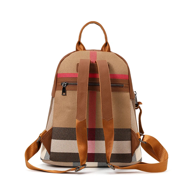 Canvas Preppy Style Backpack for Women | Trendy Plaid Designer Bag | High-End Cowhide & Canvas Fashionable Rucksack (Model Q1511) Luxegan