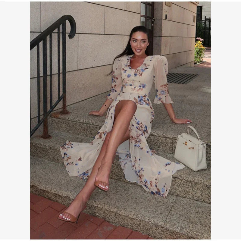 Flutter Sleeves Slim Long Dress Women Casual Pleated Deep V-neck Floral Print High Waist Dresses 2026 Lady Summer Holiday Wear