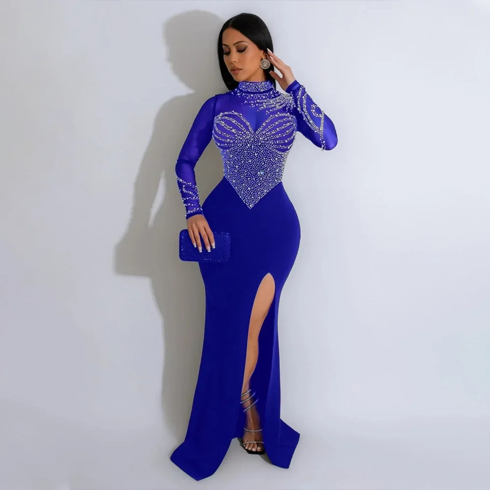Women's Rhinestone Long Sleeve High Split Mermaid Maxi Dress Luxegan