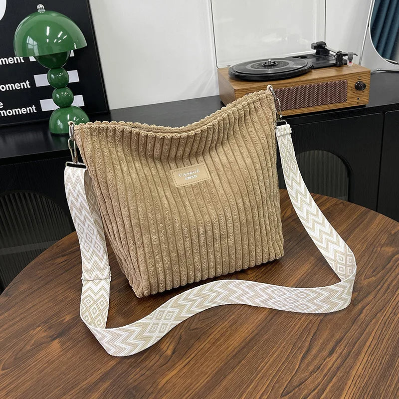 Solid Color Corduroy Messenger Bag | Casual Chic Women’s Bucket Bag | Versatile Crossbody & - view 12