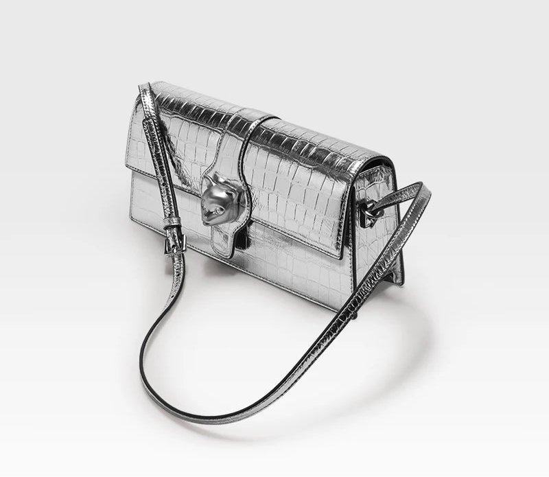 New Luxury Women's Silver Leather Clutch | High-Quality "Cat Brand" Fashion Handbag | Stylish Hard Satchel Evening Purse with Lock Decoration Luxegan