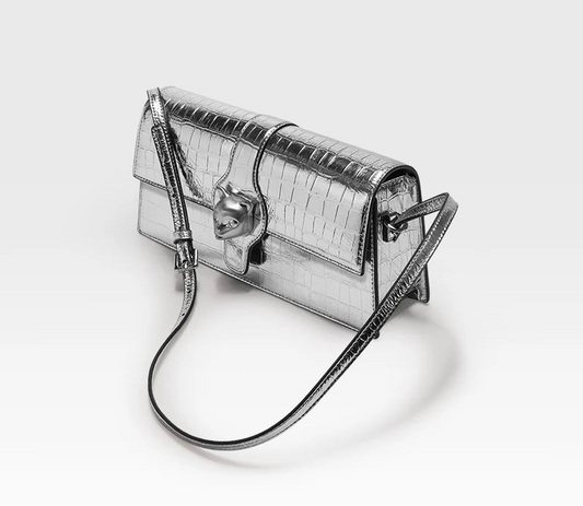 New Luxury Women's Silver Leather Clutch | High-Quality "Cat Brand" Fashion Handbag | Stylish Hard Satchel Evening Purse with Lock Decoration Luxegan