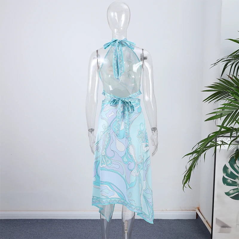 Print Backless Halter Mini Dress | High Waist Flared Hem Waist-Shaping Casual Trendy Dress Luxegan