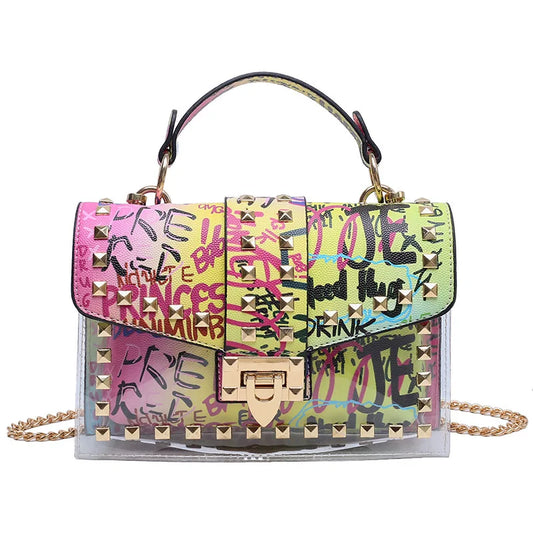Brand Women's Studded Graffiti Crossbody Bags | Fashion Shoulder Bag for Ladies (Luxury Designer PVC Handbags & Messenger Satchel) Luxegan