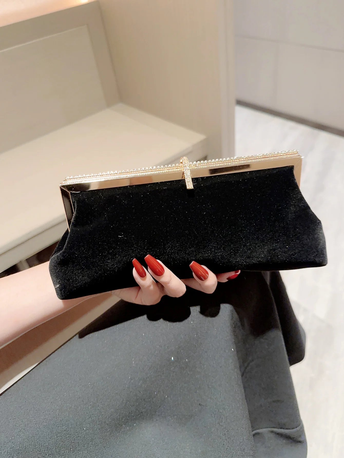 Women's Temperament Velvet Fish Hook Rhinestone Decorated Evening Bag | Clutch Bag, Party Bag, Prom Bag, Dress Bag, Wedding Bag Luxegan