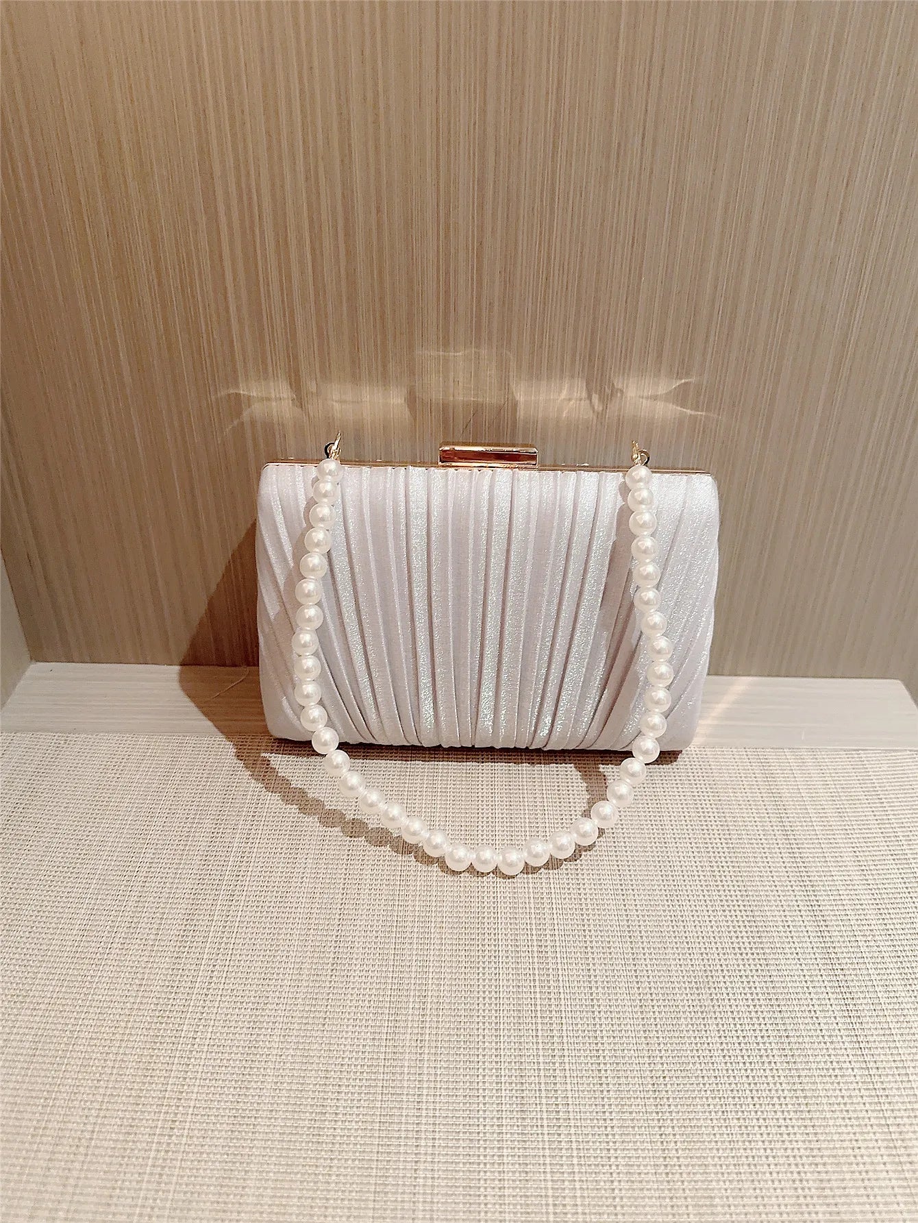 Ladies' Casual Pleated Satin Box Dinner Bag | Faux Pearl Handbag & Wedding Clutch Luxegan