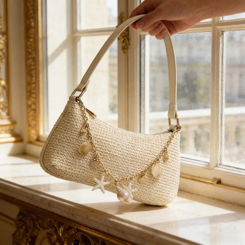 Woven Underarm Straw Bag | Sophisticated "Baguette" Silhouette | Elegant Pearl & Chain Decoration | "Dignified" High-Performance Straw Weaving Essential for Radiant Versatile Styling Luxegan