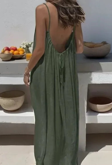 Ladies Loose H-Line Long Gown Nightwear | Comfortable Polyester Sleeveless Strap Home Clothing | Casual V-Neck Solid Color Lounge Dress | Elegant Ankle-Length Summer Beach Style Sleepwear Luxegan