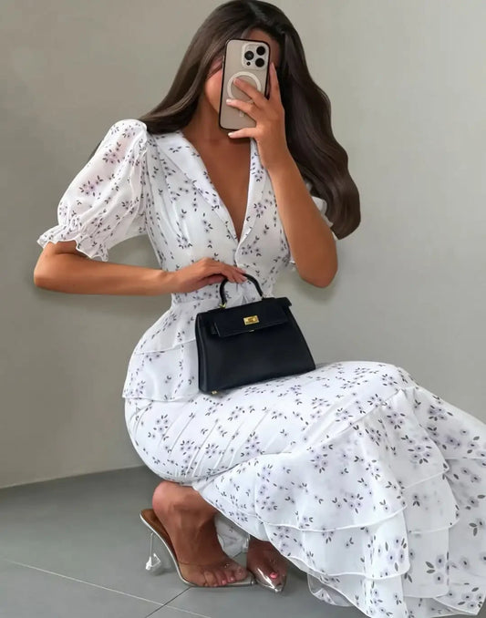 Women's Printed V-Neck Fit & Flare Dress Luxegan