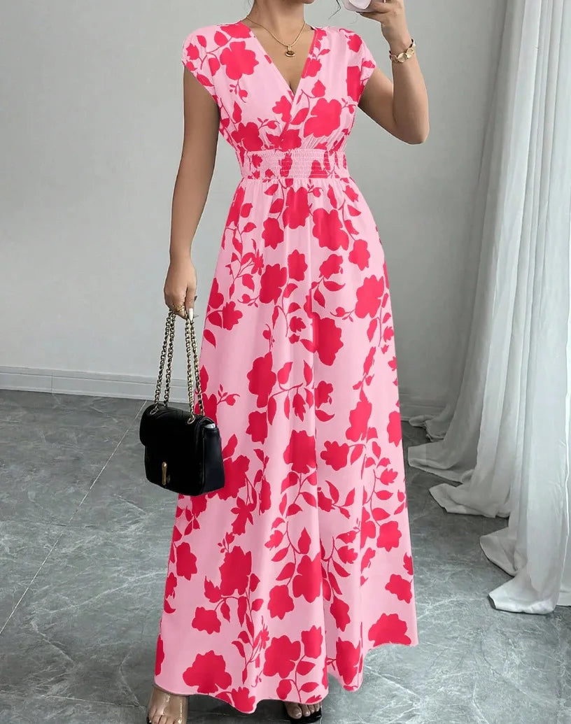 Print Casual V-Neck Short Sleeve Regular Fit Loose Knee-Length Dress – Polyester and Cotton, Natural Waist, Spring/Summer Luxegan