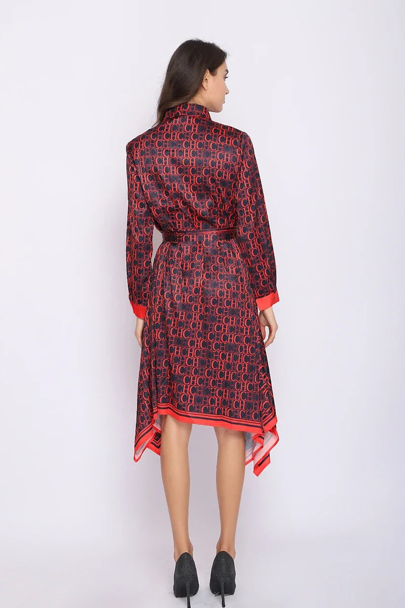 Asymmetric Hem Print A-Line Midi Dress | Turn-Down Collar Long Sleeve Empire Waist Party Dress Luxegan