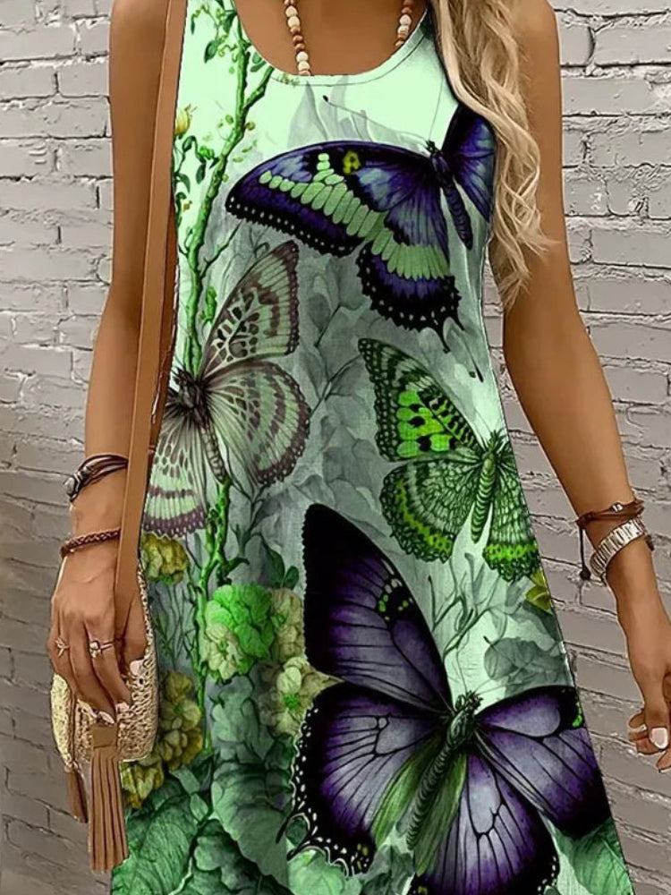 Summer Beach Vacation Dress | Colorful Butterfly & Flowers 3D Print Sundress | Elegant O-Neck Sleeveless Vest Dress | Premium Knit Loose Fit A-Line Mini Robe Model BD83 Luxegan