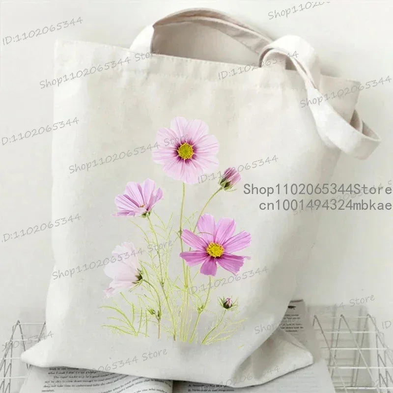 Fashion Canvas Tote Bag Oil Painting Wildflowers Print Lady Shoulder Shopping Bag | Plant Style Daisy Vintage Flower Women Handbag Luxegan