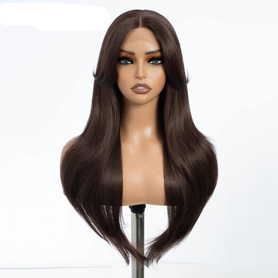 26-Inch Ombre Brown Highlight Blonde Synthetic Lace Front Wig with Bangs - Long Straight High Temperature Fiber Swiss Lace Wig - Transparent Lace Glueless Wig for Daily Use & Cosplay (197g) Luxegan