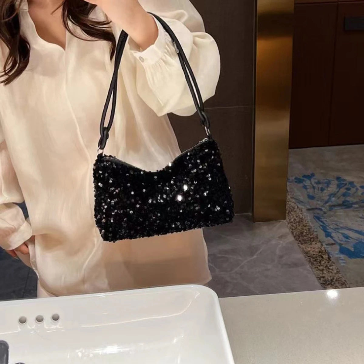 Black Spice Glitter Underarm Bag | Sophisticated Casual Chic Crossbody | Elegant Sparkling Shoulder Handbag | "Dignified" Soft Square Purse for One-Outfit Perfection Luxegan