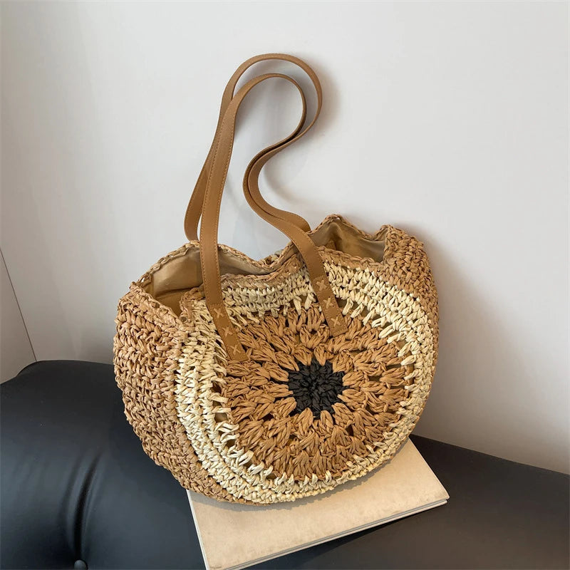 Round Straw Casual Tote Bag | Sophisticated Woven Beach Vacation Handbag | Elegant Holiday Travel Purse | "Dignified" Hard-Shell Circular Bag for Versatile Summer Styling Luxegan