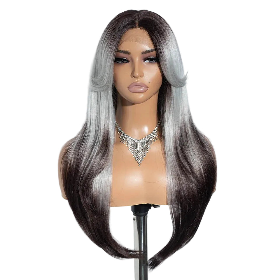 26-Inch Ombre Brown Highlight Blonde Synthetic Lace Front Wig with Bangs - Long Straight High Temperature Fiber Swiss Lace Wig - Transparent Lace Glueless Wig for Daily Use & Cosplay (197g) Luxegan