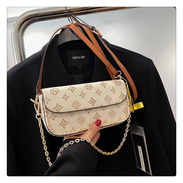 Fashionable Retro Printed Small Square Bag | Versatile Floral Baguette Underarm Bag | Soft PU Leather Crossbody & Shoulder Purse for Parties Luxegan