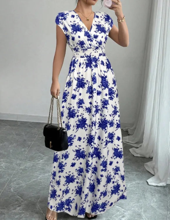 Print Casual V-Neck Short Sleeve Regular Fit Loose Knee-Length Dress – Polyester and Cotton, Natural Waist, Spring/Summer Luxegan