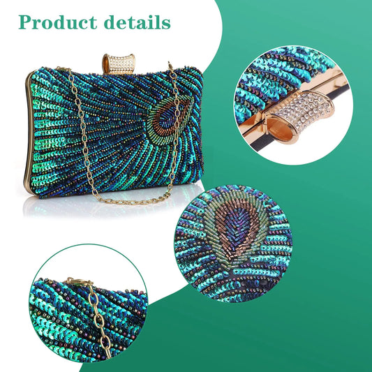 Luxurious Green Peacock Beaded Evening Handbag | Sequined Party & Wedding Bridal Purse | Elegant Envelope Messenger Bag for Formal Occasions | Sophisticated Rhinestone Shoulder Bag (Model 21110309322130476) Luxegan