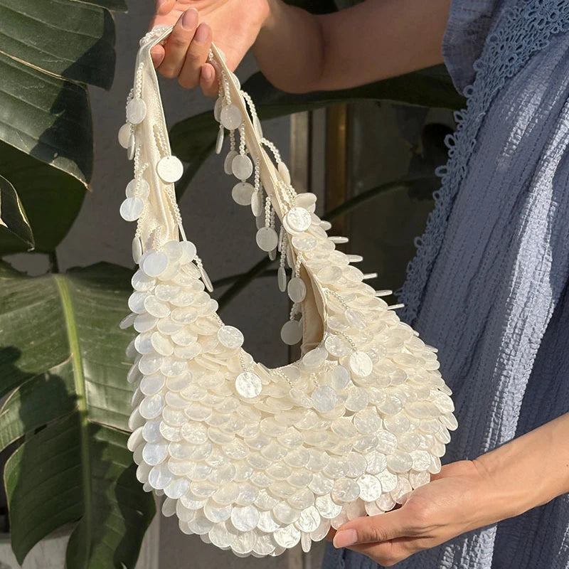 Designer Women's Pearlescent Inlay Half Moon Crossbody Bag | Exquisite Shell Beaded Handbag with Sequin & Wooden Handle Tote Luxegan