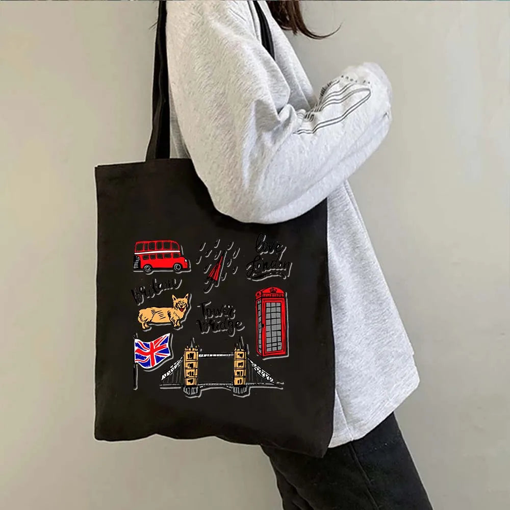 London Big Ben England Map Flag Canvas Tote Bag | UK City Landscape Skyline Shoulder Shopping Handbag (Women's Tourist Gift) Luxegan