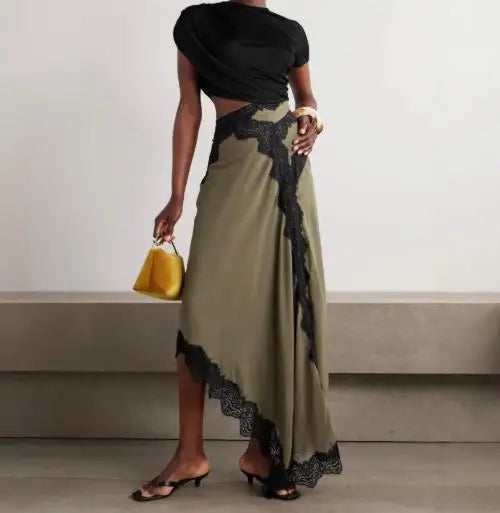 Women's Hollow Waist Lace Splicing Casual Dress | Spring Summer Solid Color Mid-Calf Dress | Elegant Round Neck Short Sleeve Sundress | Premium Non-Woven Slight Stretch A-Line Regular Fit Luxegan