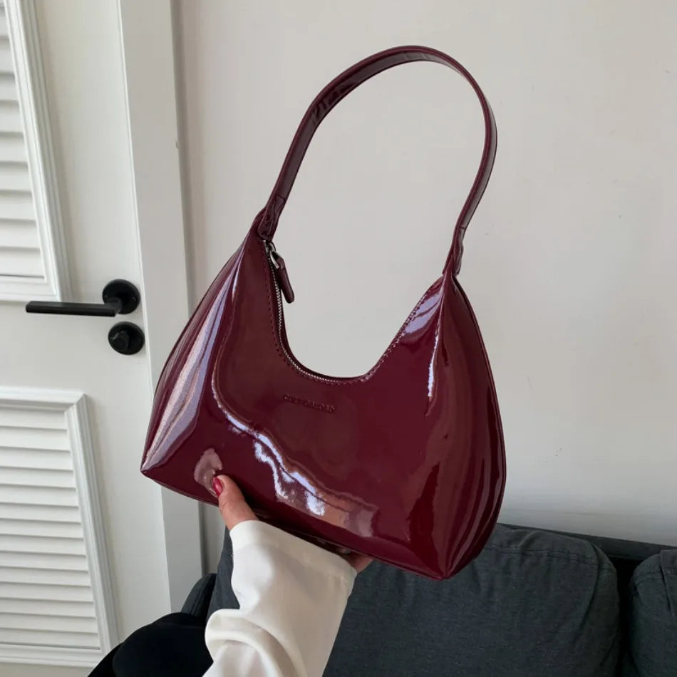 Designer Patent Leather Crescent Bag | Soft Solid Color Shoulder Tote Luxegan