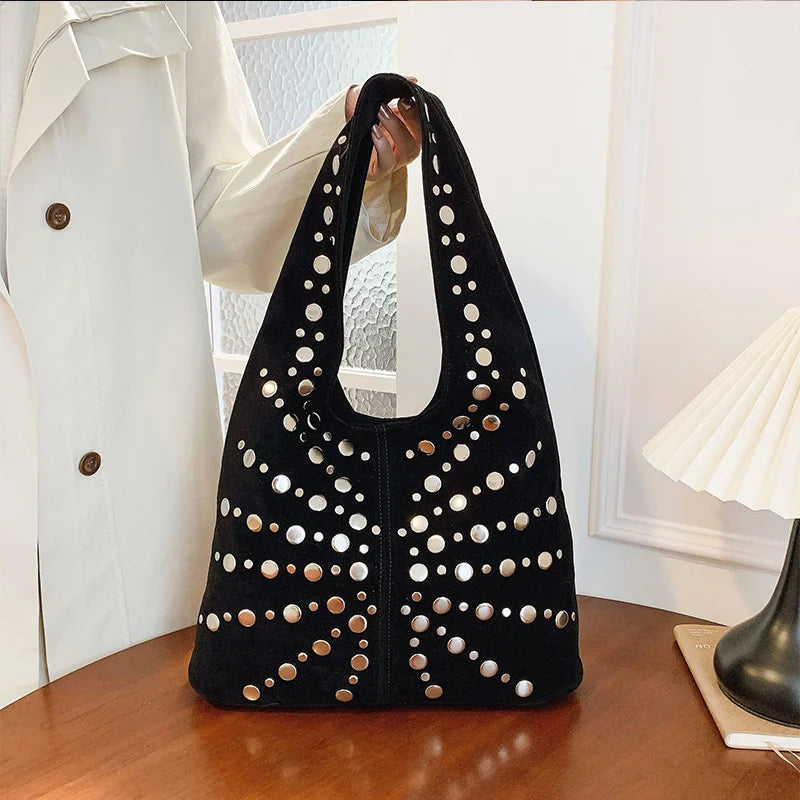 Women's Fashion Punk Metal Rivet Bucket Bag | High-End PU Suede Underarm Shoulder Tote | New Retro Trendy Motorcycle Handbag | Premium Solid Color Shoulder Bag with Hasp Closure Luxegan
