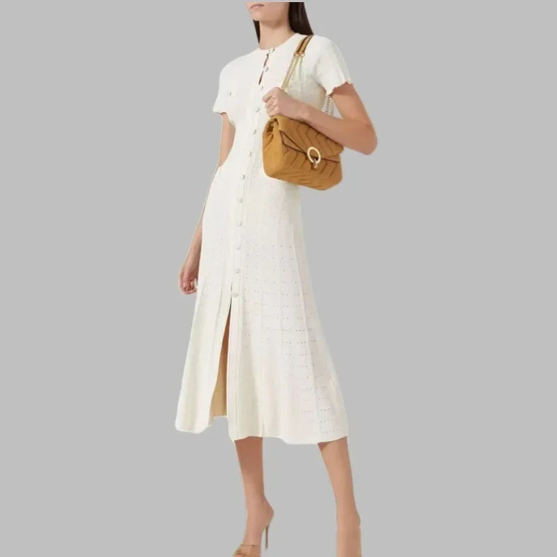 French Style Knitted Long Dress round Neck Hollow out Wooden Edge Skirt Elegant Autumn Luxury Women's Fashion One Piece Dress