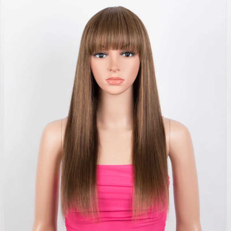 Blonde Highlight Straight Wig with Bangs | 180% Density Glueless Full Machine Made Brazilian Ombre Human Hair Luxegan