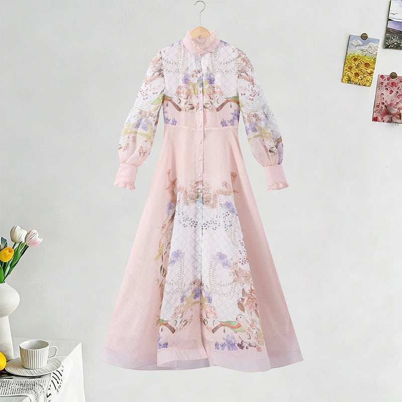 Print Half High Collar Sleeveless Regular Fit A-Line Floor-Length Dress – Slight Stretch Polyester, Natural Waist, Summer Luxegan