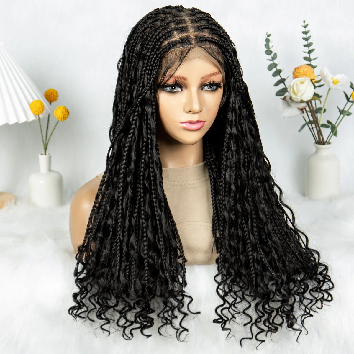 KIMA Boho Braided Wigs 20Inch Transparent Full Lace Wig Synthetic Box Braids Goddess Braided Wigs with Baby Hair for Black Women Luxegan