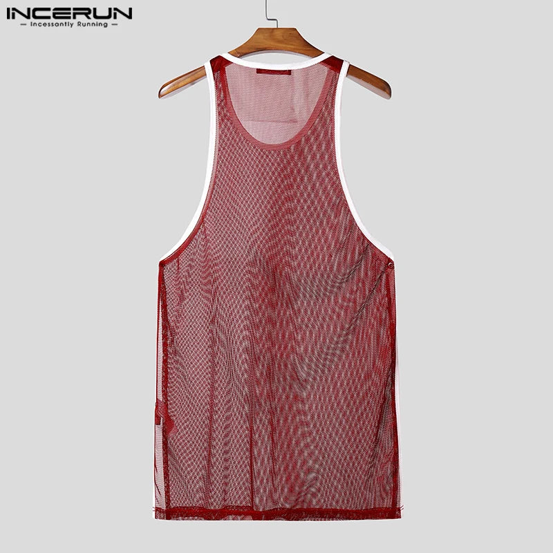 INCERUN Hombre Camisetas de Tirantes Malla Retazos Cuello Redondo Sin Mangas Chalecos Masculinos Transparentes Sexy Huecos Ropa de Hombre Ropa de Calle Verano