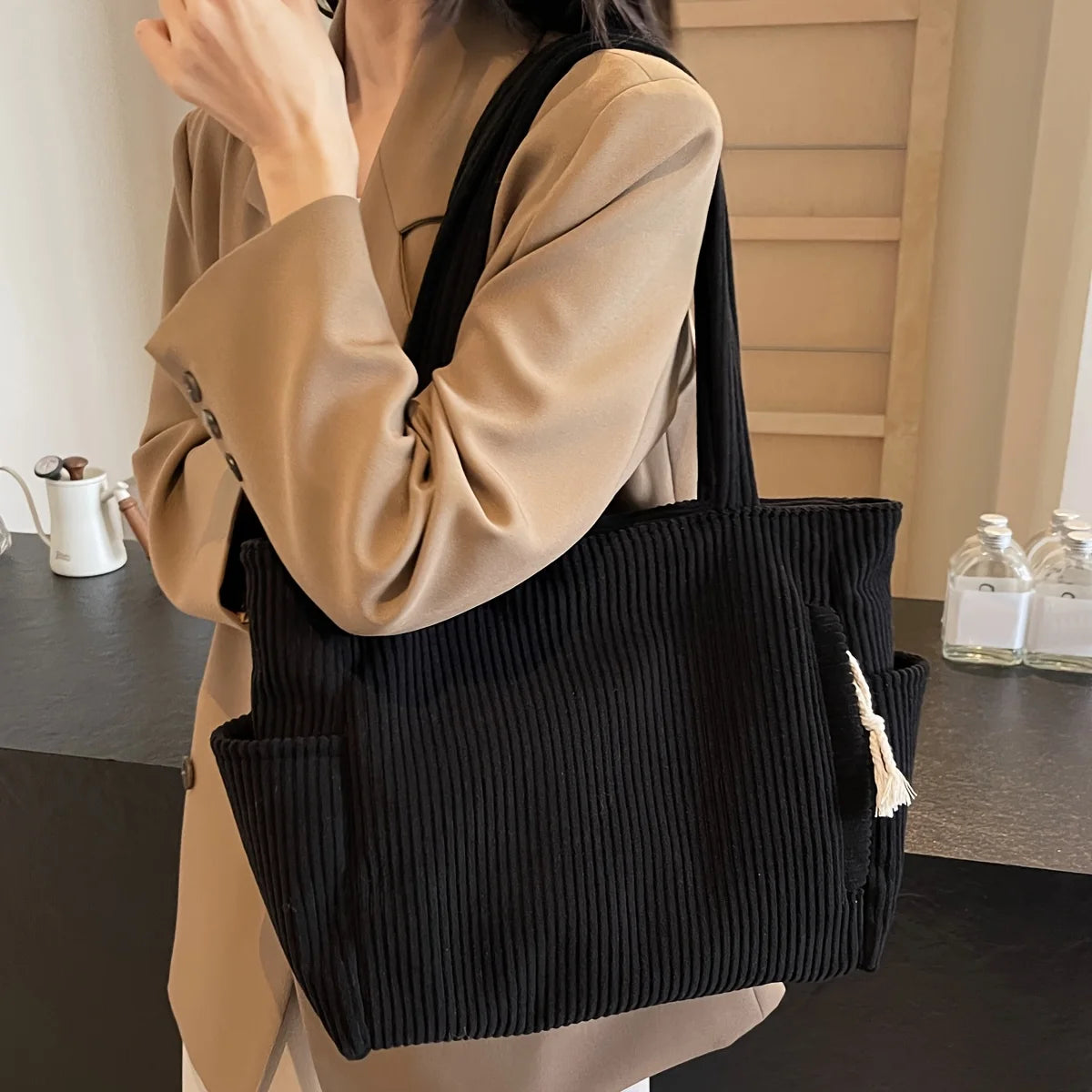 Durable Corduroy Casual Tote | Sophisticated Multi-Compartment Shoulder Bag | Elegant Soft Commuter Handbag | "Dignified" Versatile Daily Pouch for Urban Styling Luxegan