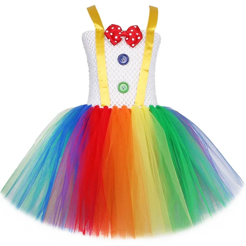 Funny Circus Clown Tutu Dress for Girls | Naughty Joker Cosplay Costume | Rainbow Patchwork Hand-Woven Carnival Party Ball Gown for Kids Luxegan