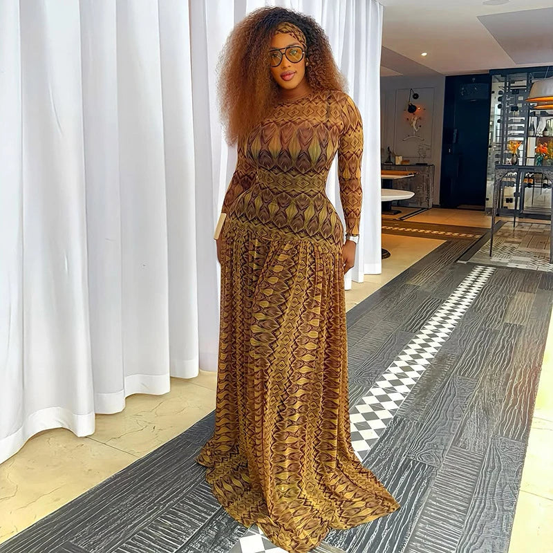 Vintage Printed Sexy See Through Mesh Women Dress Long Sleeve O Neck Slim Waist Big Hem Long Maxi Dress
